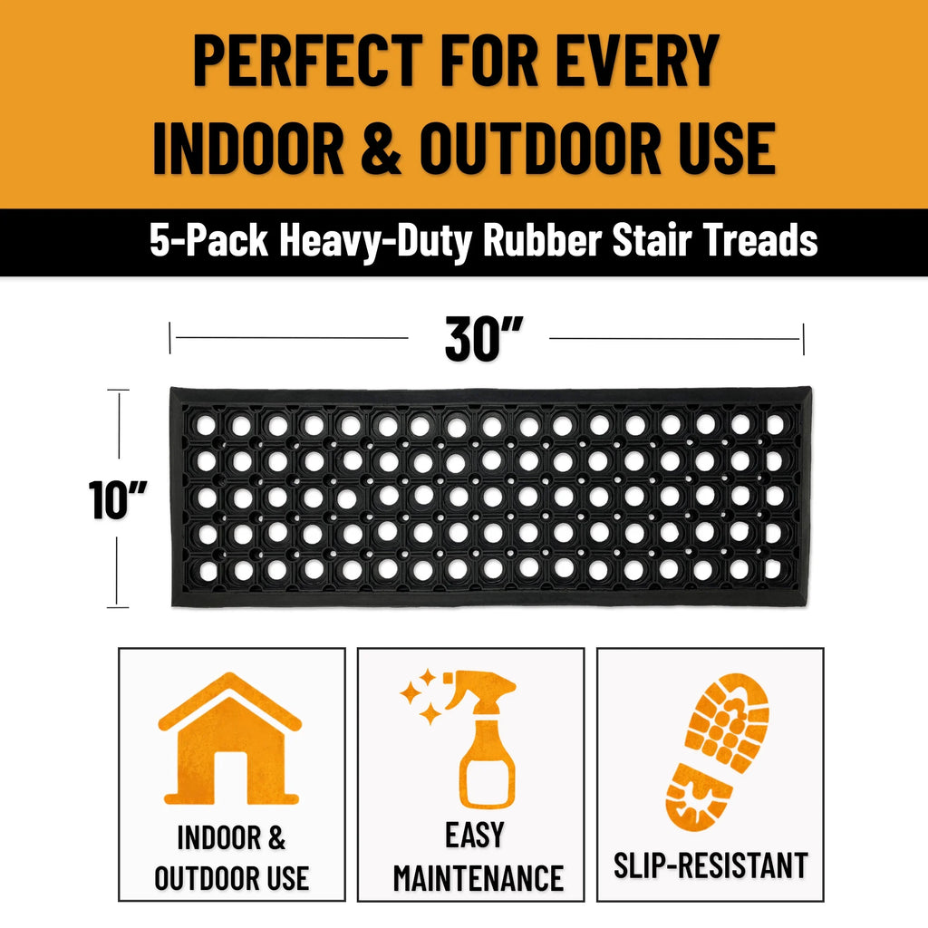 Outdoor Rubber Stair Treads 10" X 30" (5 Pack) – Non-Slip Stair Mats, Black Perforated