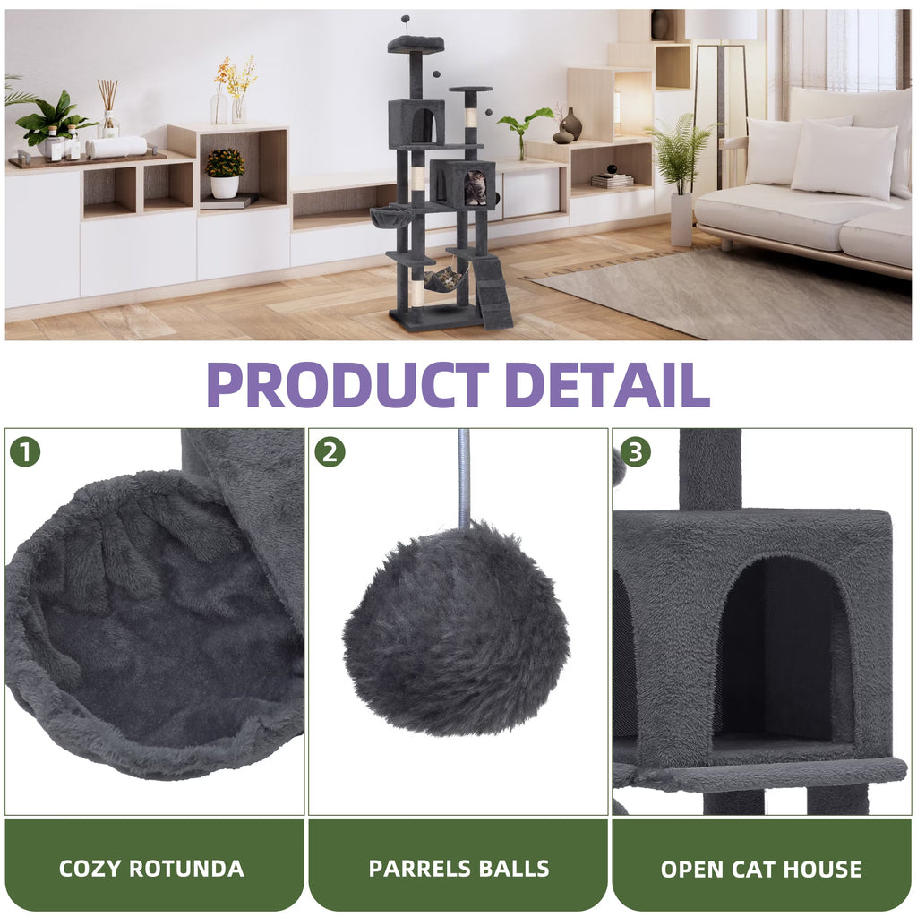 44" Multi-Level Cat Condo with Scratch Posts and Hammock, Light Gray