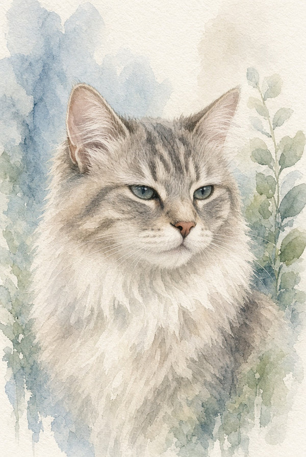 Watercolor-style portrait of a fluffy gray tabby cat with blue-green eyes, surrounded by soft blue and green watercolor foliage on a light cream background.