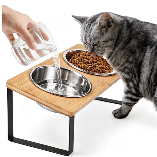 Elevated Cat Bowls for Food and Water, 15° Tilted Raised Stainless Steel Cat Food Bowl, Iron Wood Stand with anti Vomiting Dishes for Indoor Cats, Dogs and Pet