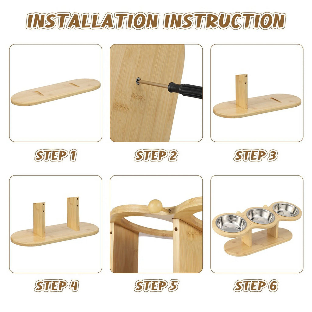 Elevated 3-Bowl Wood Stand Cat Feeder