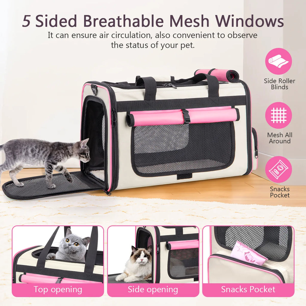 Cshidworld Collapsible Cat Carrier for Large Cats and Small Dogs up to 25Lbs, TSA Airline Approved,Soft-Sided Travel Dog Carrier with a Food/Water Bowl(Pink)