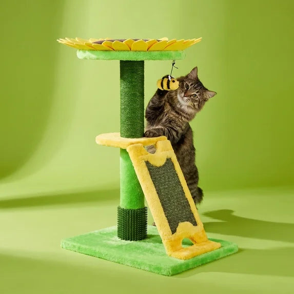 Sunflower Scratch Post with Built-In Massager, Green and Yellow, 24"