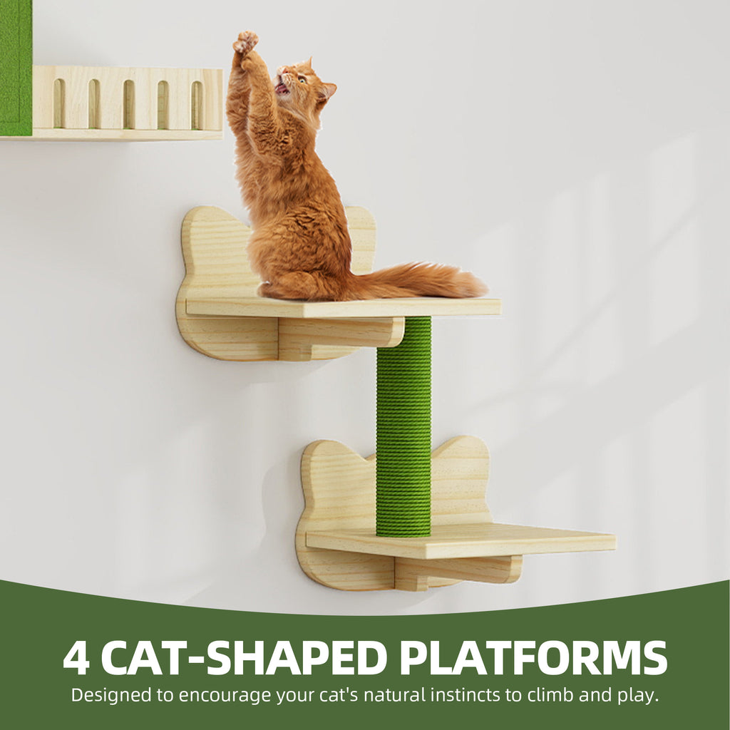 Cat Wall Shelves and Perches, Wooden Wall-Mounted Cat Furniture Set of 8 with House, 4 Perches, 2 Sisal Posts & Pom-Pom Toy for Indoor, Green & Wood
