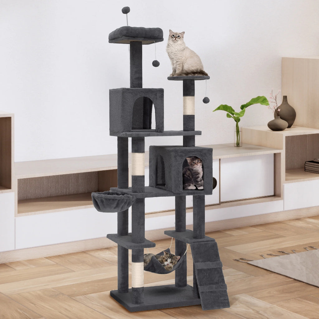 44" Multi-Level Cat Condo with Scratch Posts and Hammock, Light Gray