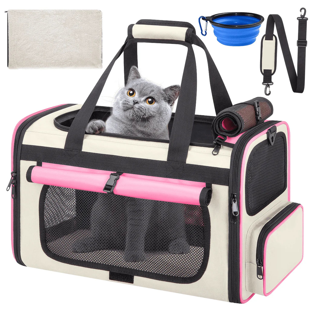 Cshidworld Collapsible Cat Carrier for Large Cats and Small Dogs up to 25Lbs, TSA Airline Approved,Soft-Sided Travel Dog Carrier with a Food/Water Bowl(Pink)