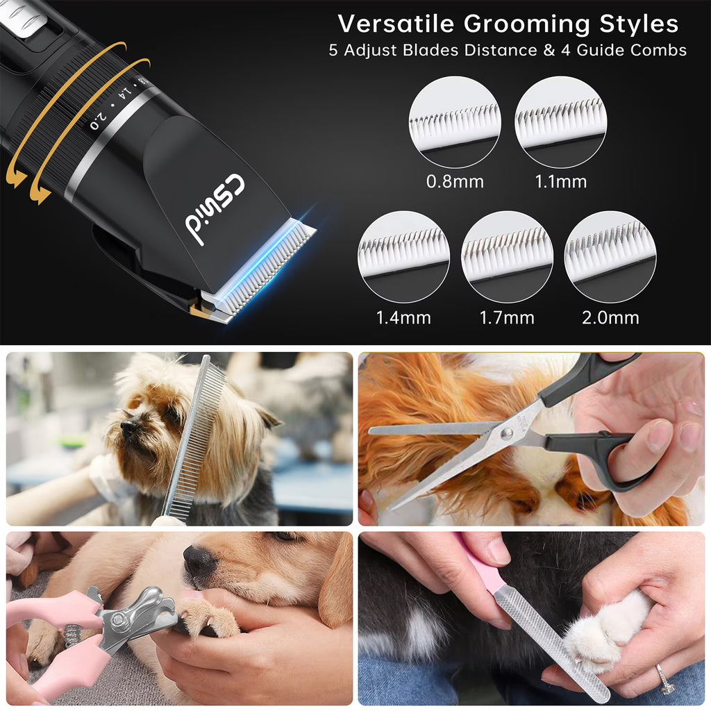 Dog Hair Clippers, Professional LED Display Dog Grooming Kit, Cordless Quiet Pets Clippers Hair Trimmer, Low Noise Dog Shaver Clipper with 4 Comb Guides, 5 Size Fine Tuning Knob for Thick Coats Cats