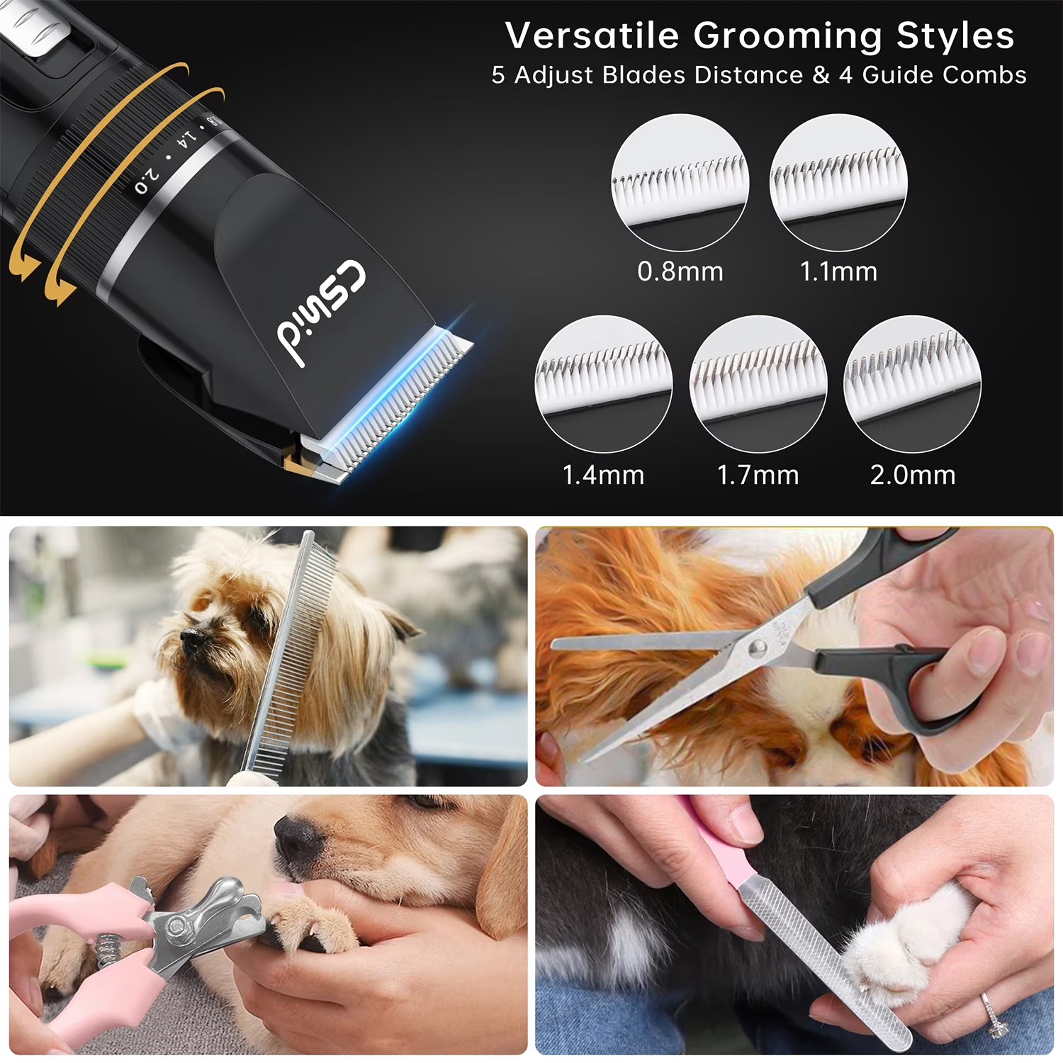 Dog Hair Clippers, Professional LED Display Dog Grooming Kit, Cordless Quiet Pets Clippers Hair Trimmer, Low Noise Dog Shaver Clipper with 4 Comb Guides, 5 Size Fine Tuning Knob for Thick Coats Cats