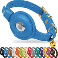 Leather Airtag Cat Collar – Non-Breakaway Kitten Collar for Cats & Small Dogs with Airtag Holder, Safety Bell - Lightweight GPS Pet Collars, Blue