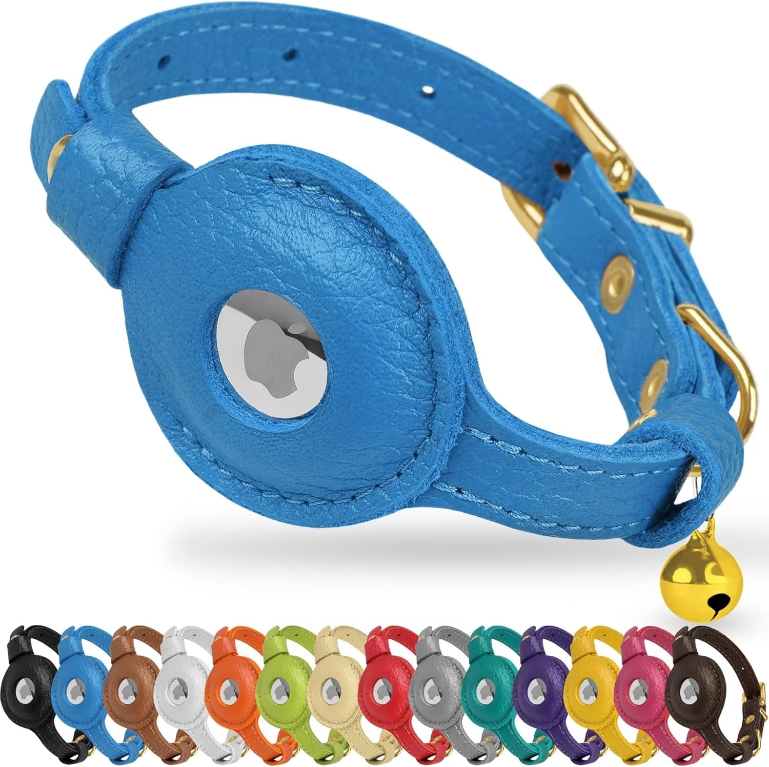 Leather Airtag Cat Collar – Non-Breakaway Kitten Collar for Cats & Small Dogs with Airtag Holder, Safety Bell - Lightweight GPS Pet Collars, Blue