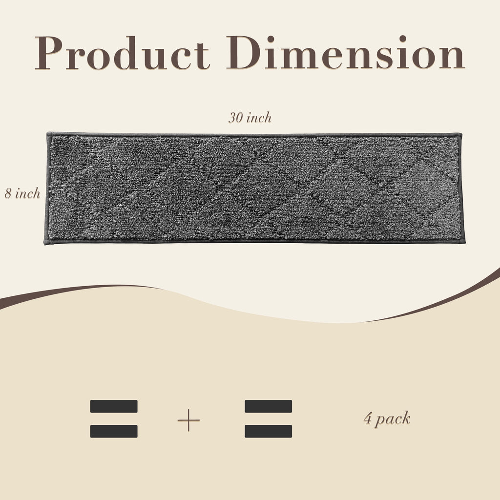 4PCS 30"X8" Non-Slip Stair Treads, Diamond Pattern Indoor Runners, Washable Adhesive TPR Edging, Safety Mats for Kids, Dogs & Elders ，Dark Grey