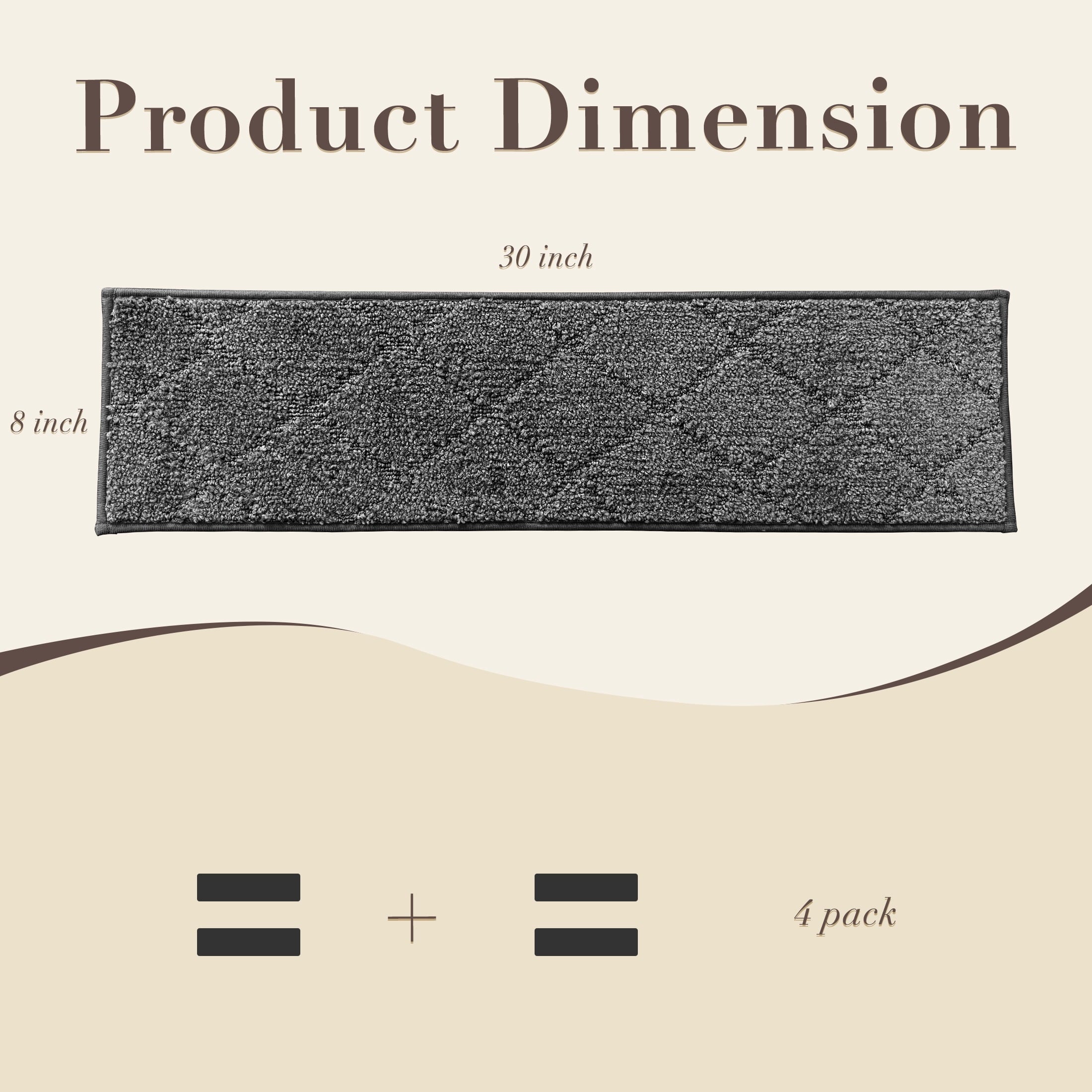 4PCS 30"X8" Non-Slip Stair Treads, Diamond Pattern Indoor Runners, Washable Adhesive TPR Edging, Safety Mats for Kids, Dogs & Elders ，Dark Grey