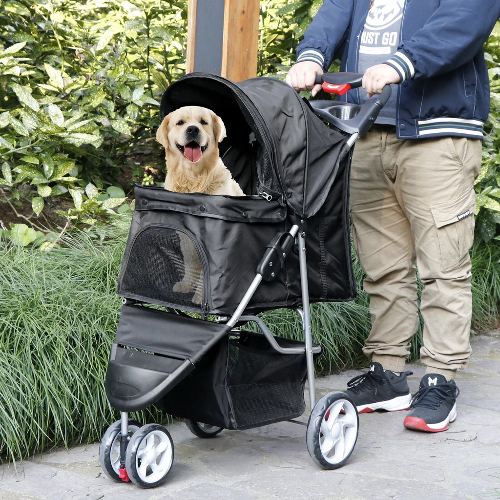 Three Wheels Pet Stroller, 360 Rotation, Folding Convertible Design, Black