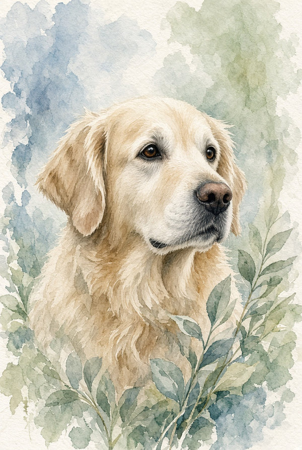 Watercolor-style portrait of a golden retriever surrounded by soft blue and green foliage on a light textured background.
