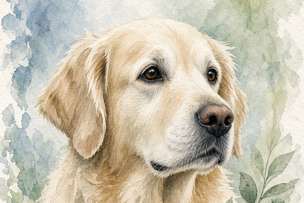 Watercolor-style portrait of a golden retriever dog with soft cream and tan fur, brown eyes, and a dark nose against a pale blue and green painted background.