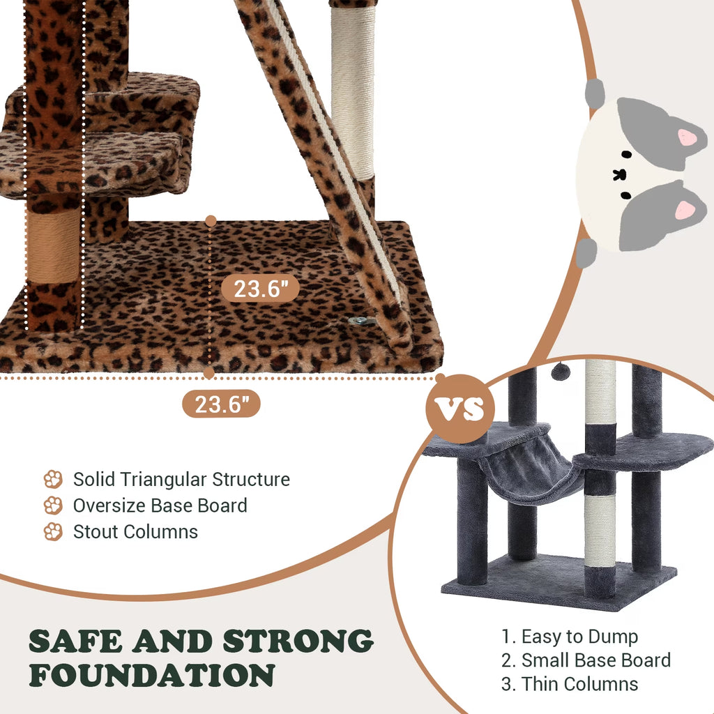65.7" Large Cat Tree and Tower Condo for Indoor Cats with 2 Scratching Boards, Hammock & Post, Leopard Print
