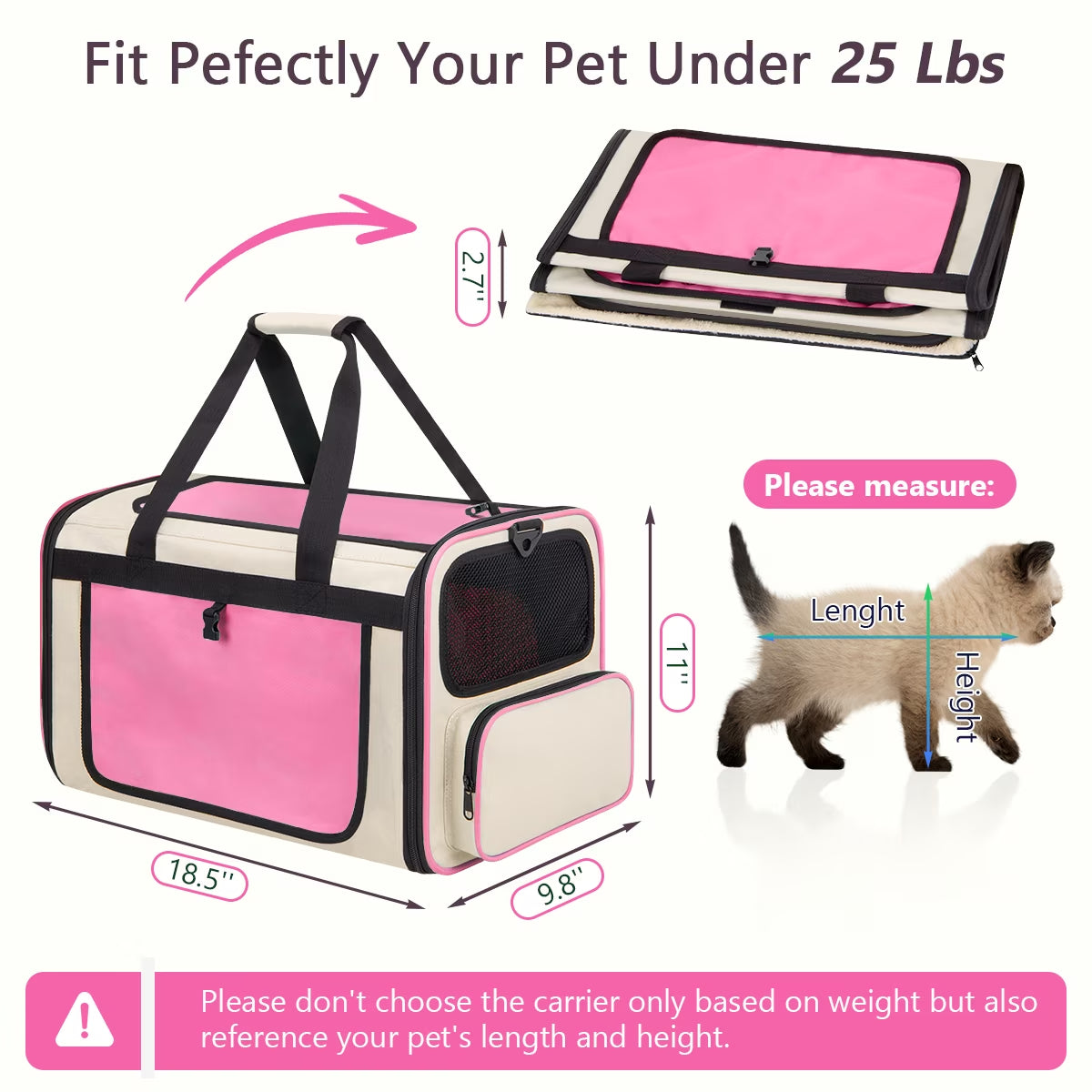 Cshidworld Collapsible Cat Carrier for Large Cats and Small Dogs up to 25Lbs, TSA Airline Approved,Soft-Sided Travel Dog Carrier with a Food/Water Bowl(Pink)