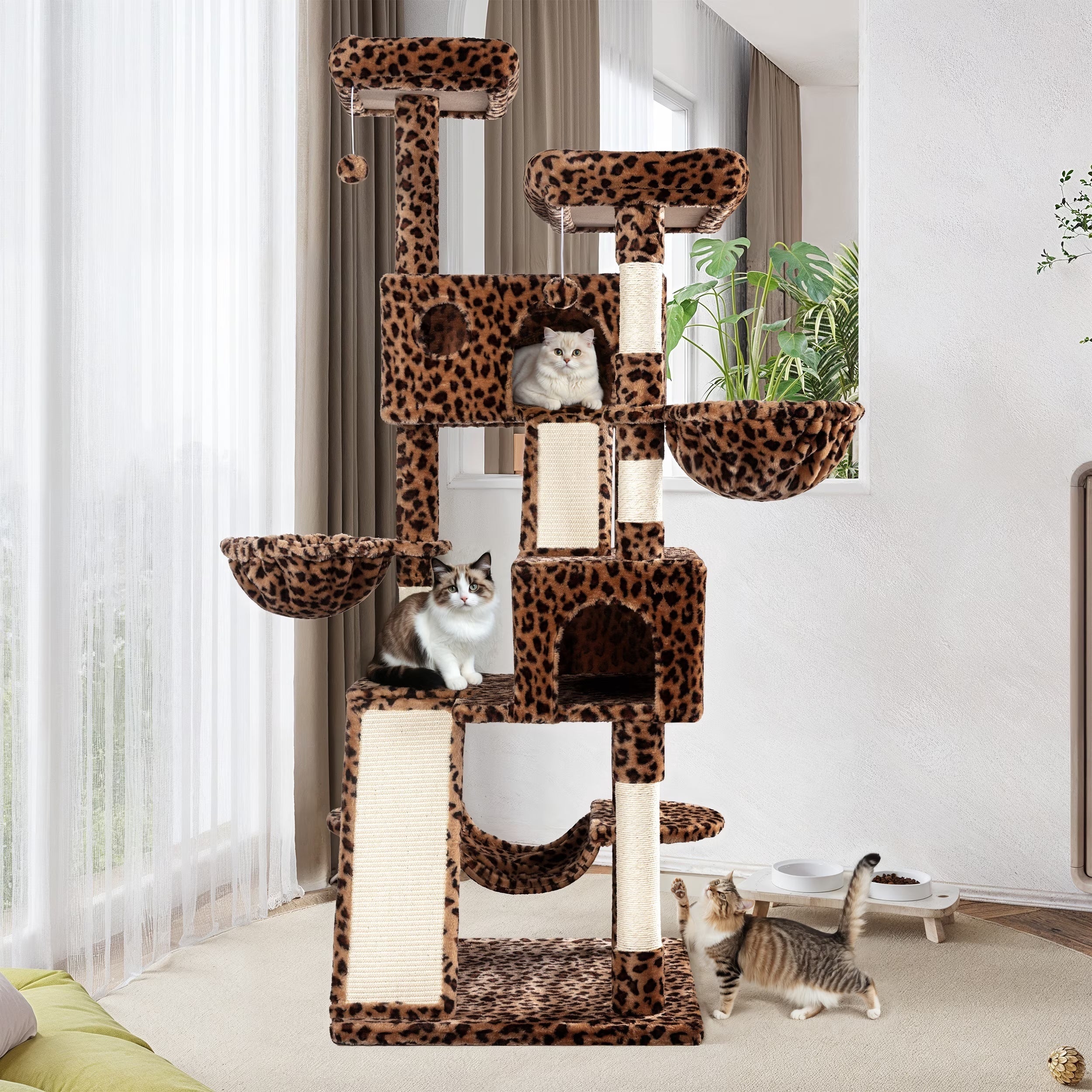 65.7" Large Cat Tree and Tower Condo for Indoor Cats with 2 Scratching Boards, Hammock & Post, Leopard Print