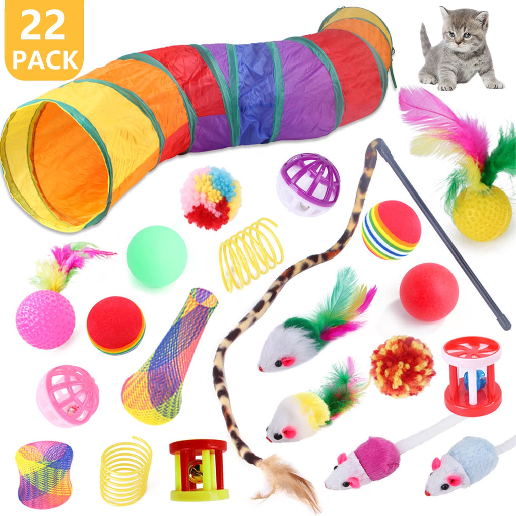22PCS Cat Toy Set: Camouflage Tunnel, Feather Teaser & Plush/Mouse/Bell Balls (Colorful)
