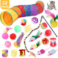22PCS Cat Toy Set: Camouflage Tunnel, Feather Teaser & Plush/Mouse/Bell Balls (Colorful)