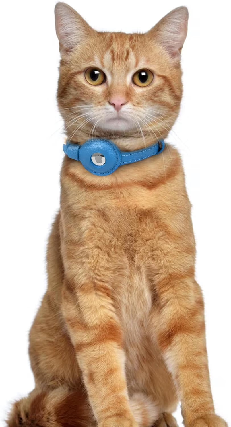Leather Airtag Cat Collar – Non-Breakaway Kitten Collar for Cats & Small Dogs with Airtag Holder, Safety Bell - Lightweight GPS Pet Collars, Blue