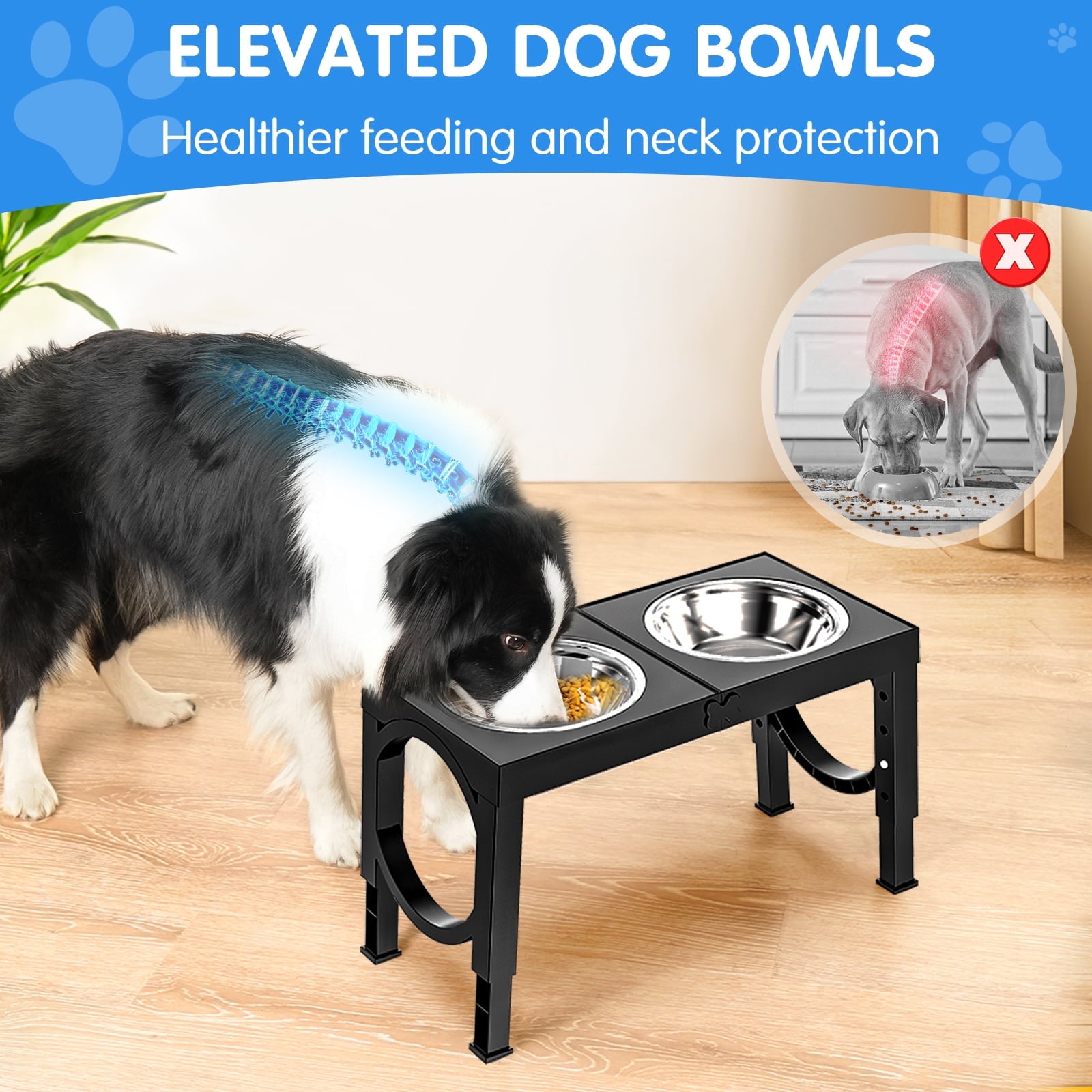 X XBEN Elevated Dog Bowls, 5 Heights Adjustable Dog Raised Bowl Stand with Two 1000ML Stainless Steel Dog Food and Water Bowls, Pet Bowl Holder to Protect Dogs Joints for Small Medium Large Dog