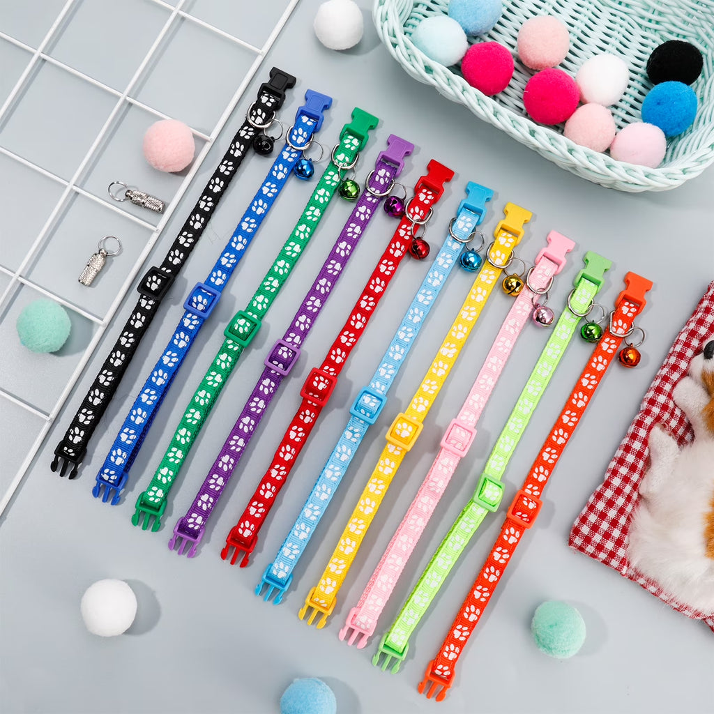 Taihexin 10 Pack Cat Collars with Bells, Puppy Id Collars, Adjustable 7.5-12.6 Inch Safety Buckle Nylon Kitten Collar with Name Tag, Cat Collar for Girl Cats Male Cat (10 Colors & 2 ID Tags)