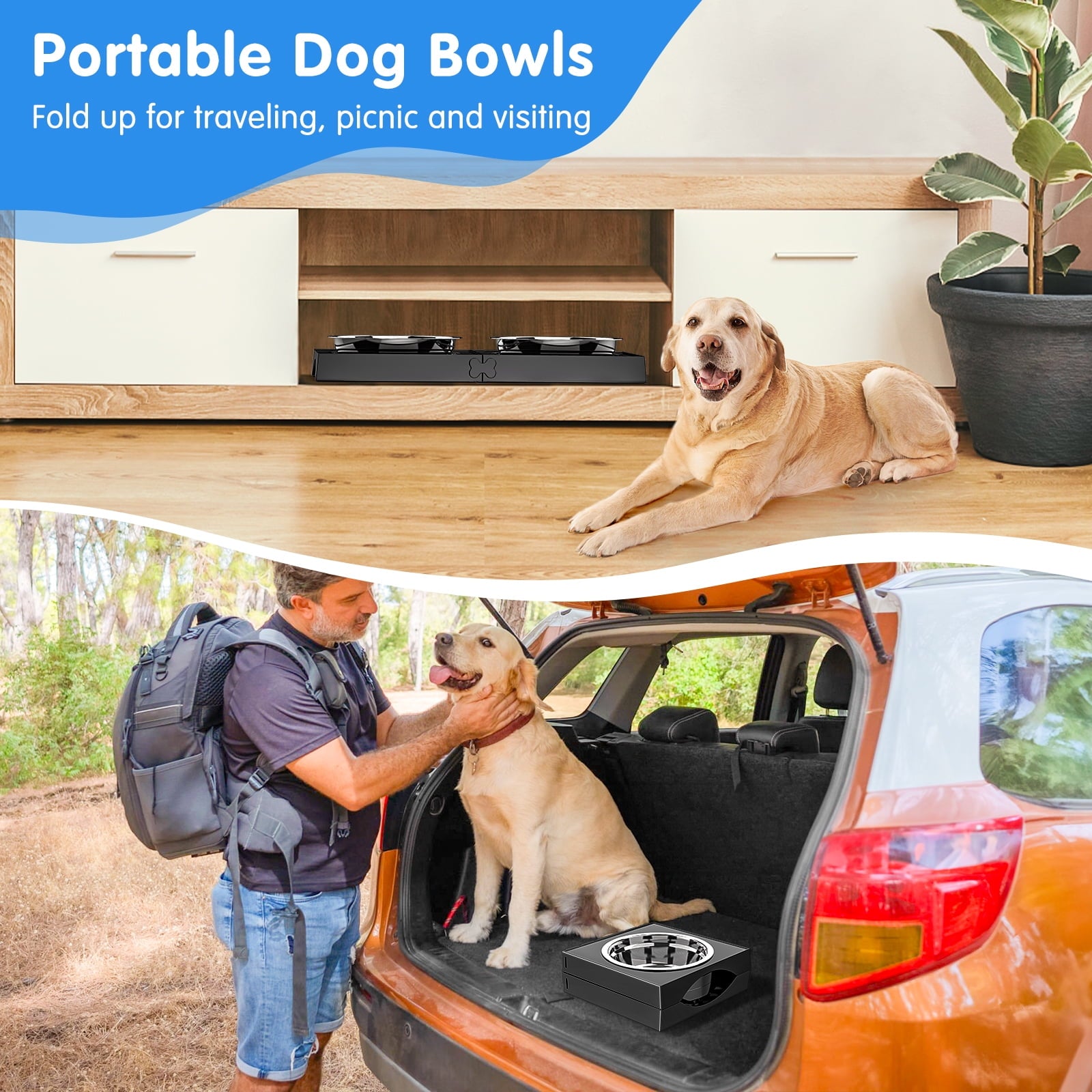 X XBEN Elevated Dog Bowls, 5 Heights Adjustable Dog Raised Bowl Stand with Two 1000ML Stainless Steel Dog Food and Water Bowls, Pet Bowl Holder to Protect Dogs Joints for Small Medium Large Dog