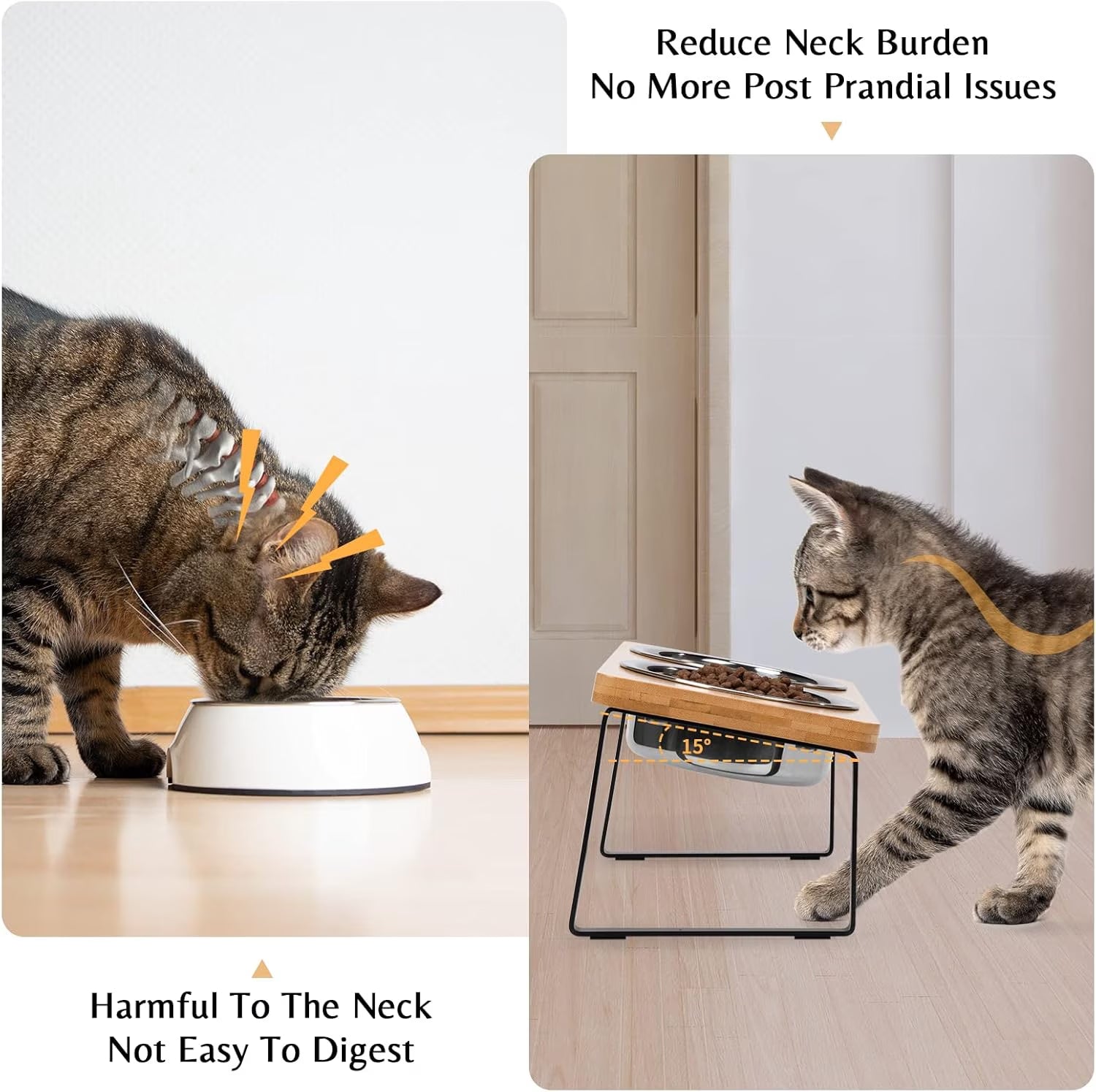 Elevated Cat Bowls for Food and Water, 15° Tilted Raised Stainless Steel Cat Food Bowl, Iron Wood Stand with anti Vomiting Dishes for Indoor Cats, Dogs and Pet