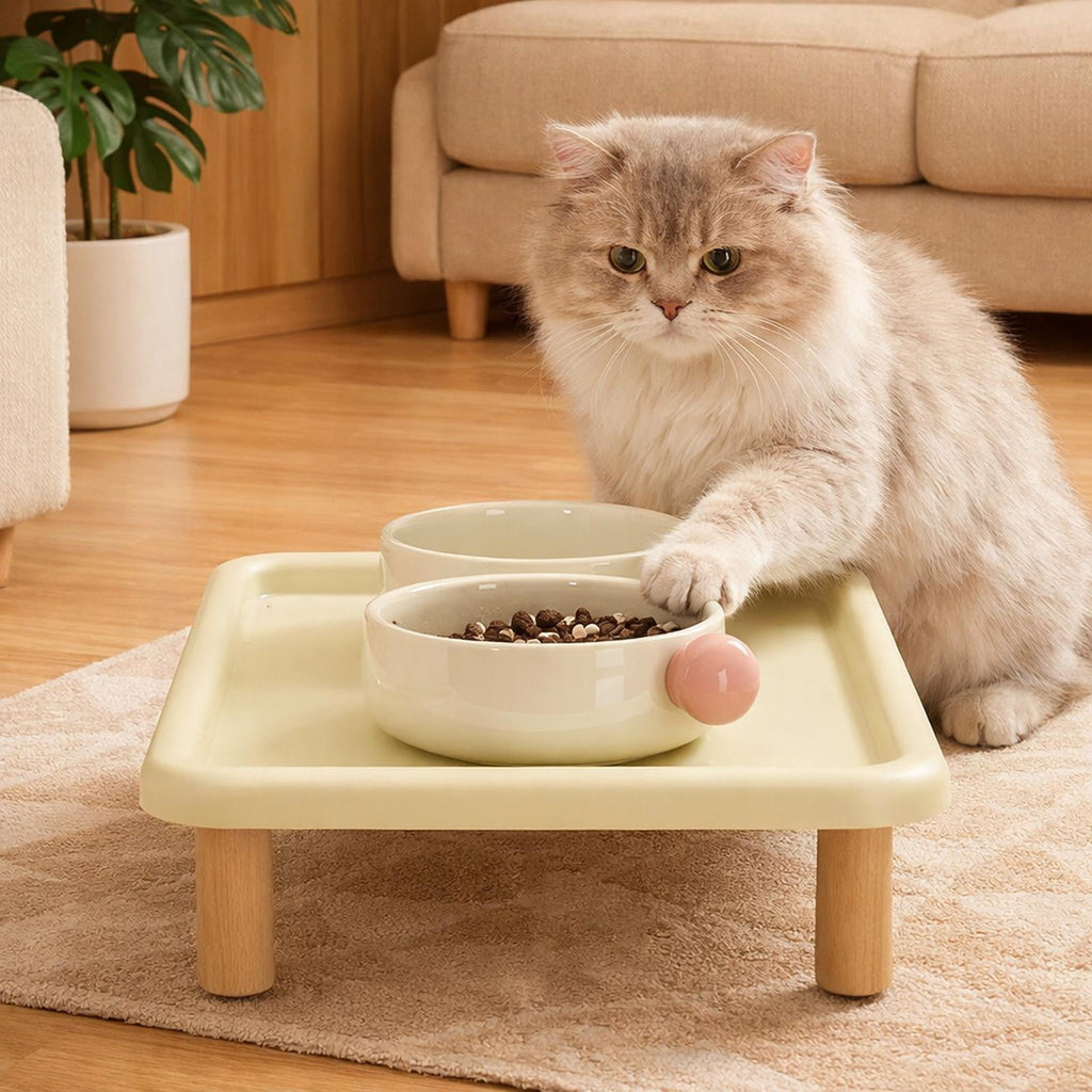 Elevated Pet Feeding Table, Feeder Stand, Washable, Neck Protector, Beige