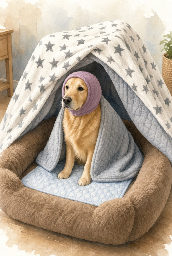 A golden retriever sits inside a cozy pet tent bed made from a brown plush dog bed, with a light blue quilted mat underneath and a white blanket draped over the top featuring gray stars. The dog is wrapped in a light blue blanket and wears a lavender hood.