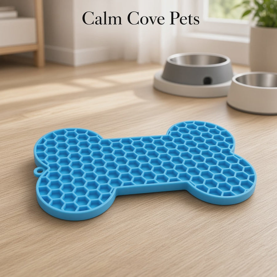 A video of a bright blue bone-shaped silicone mat with a honeycomb texture, placed on a light wood floor in a home setting. Two pet bowls are visible in the background, and the text 'Calm Cove Pets' is displayed at the top.