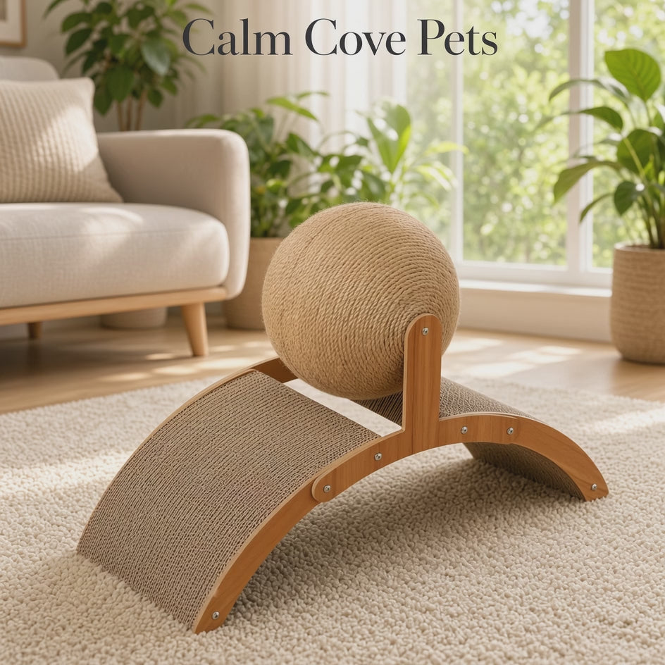 A video of a cat scratcher and ball toy set on a beige rug in a bright living room. The product features a curved wooden base wrapped in natural sisal rope, supporting a round woven ball.