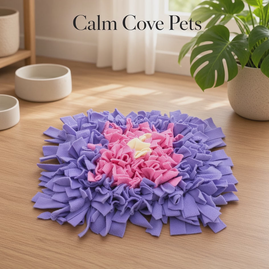 A video of a square pet snuffle mat with a concentric design in purple, pink, and cream, displayed on a light wood floor in a bright room with a plant and bowls in the background. The text 'Calm Cove Pets' is visible at the top.