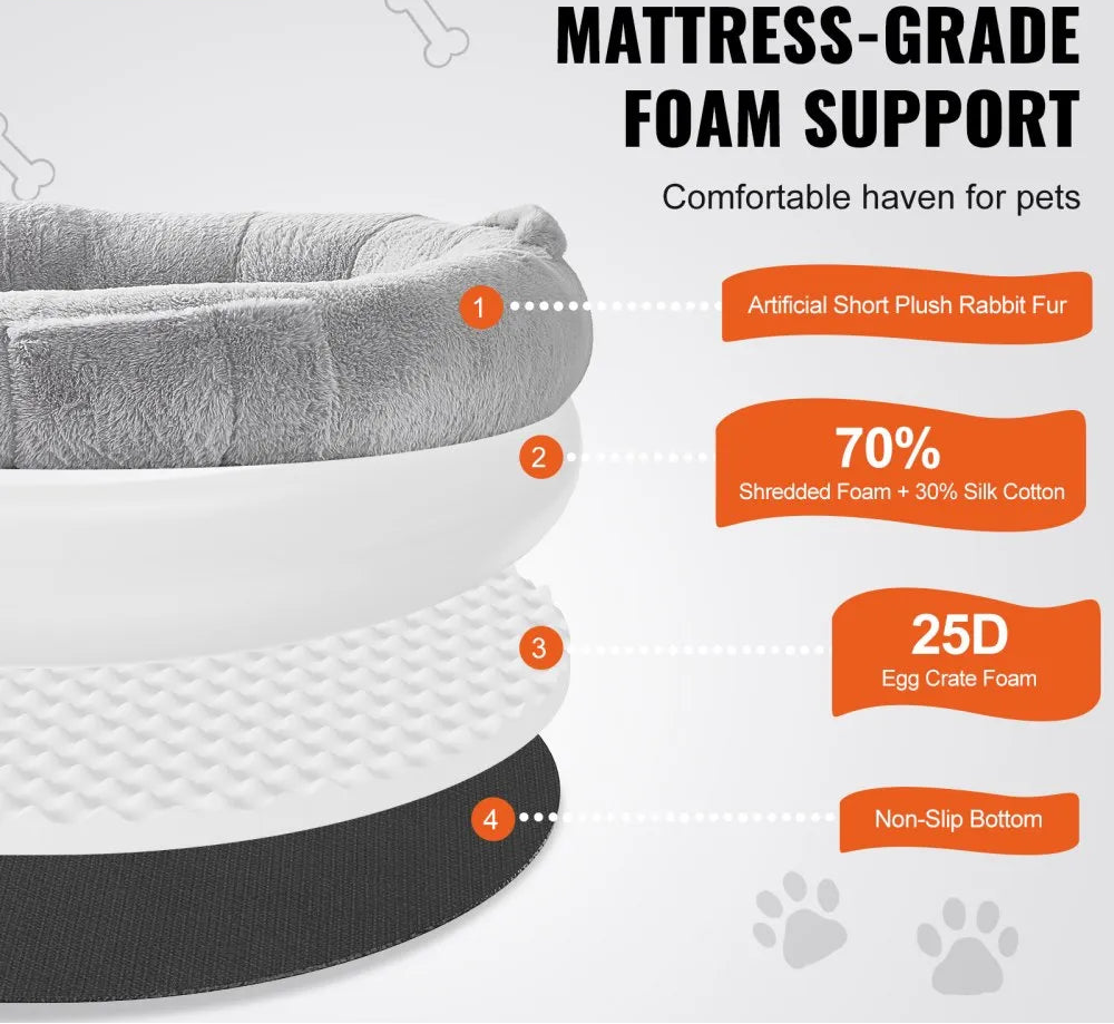Pet bed with mattress-grade foam support features and branding.
